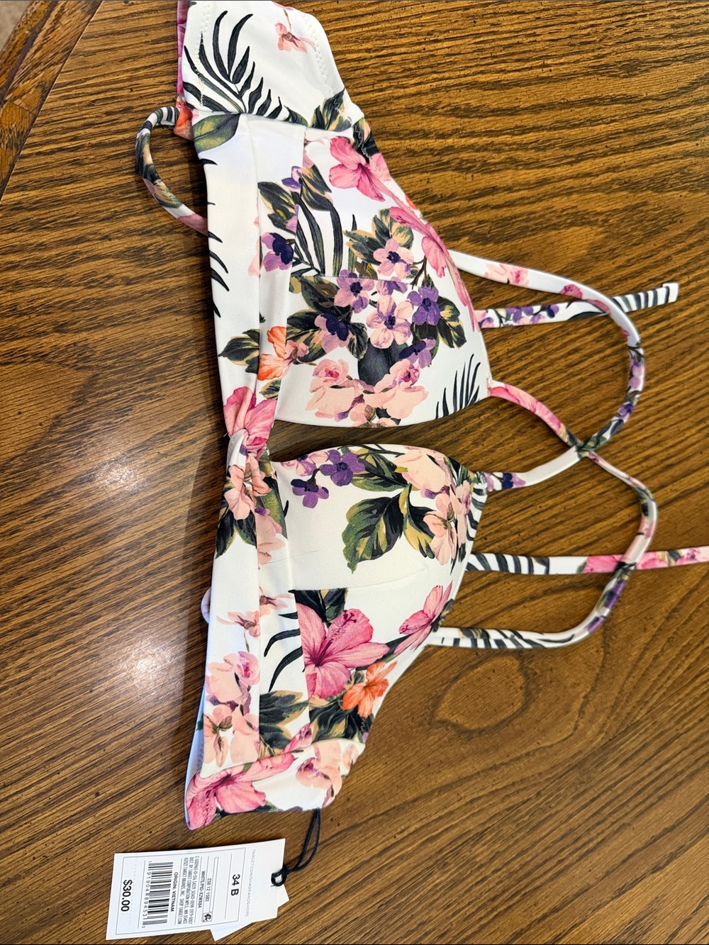 Shade & Shore Floral Bikini Top in White with Pink, Purple & Green